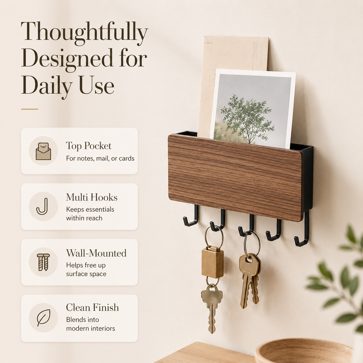 Entryway organizer with hooks for keys and small essentials