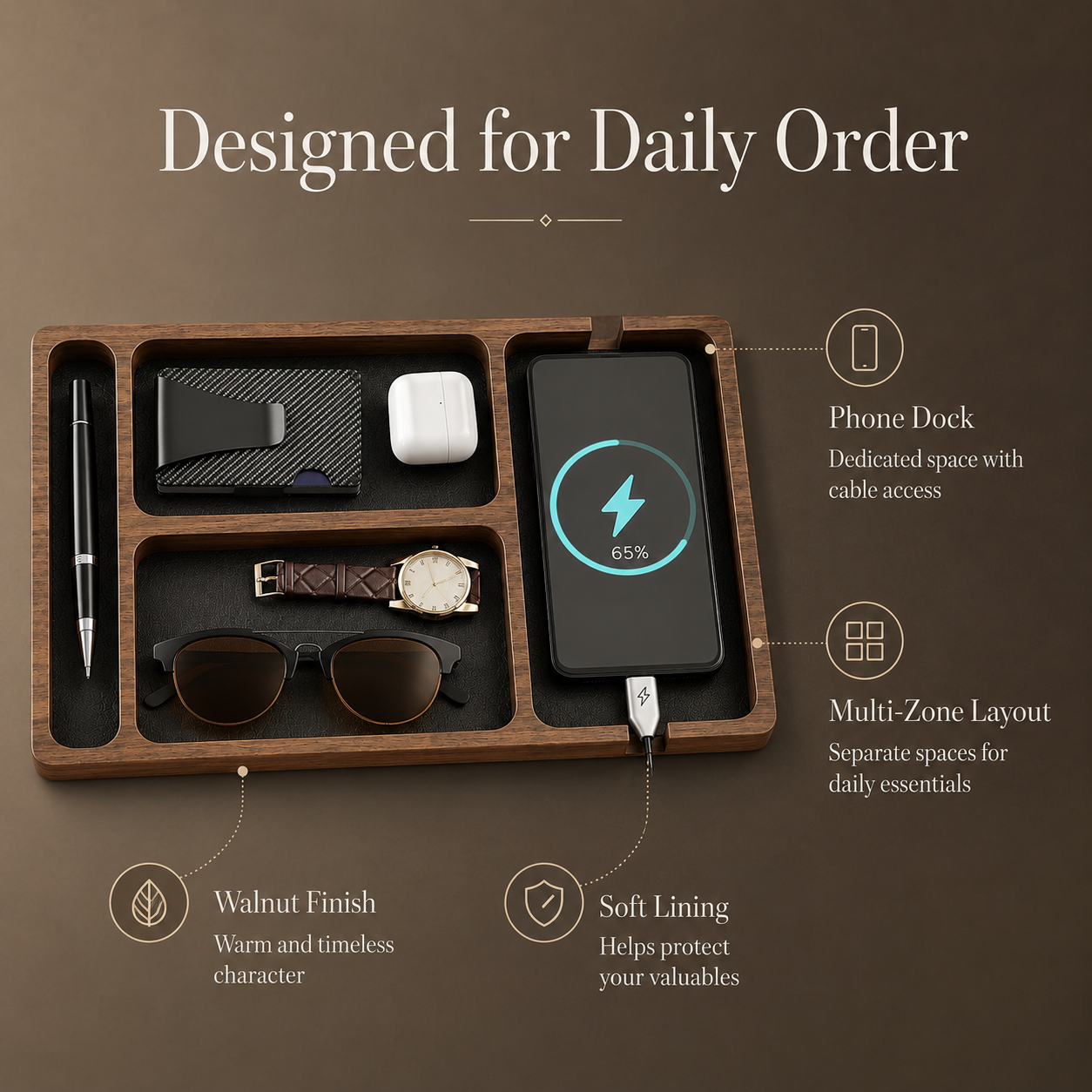 Daily Reset Wooden Desk Organizer Tray