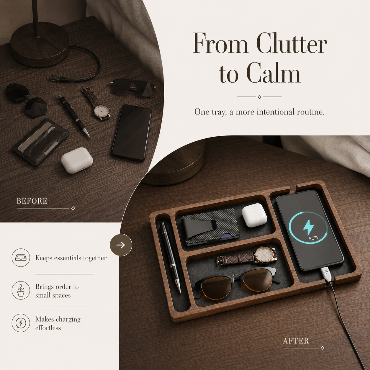 Daily Reset Wooden Desk Organizer Tray